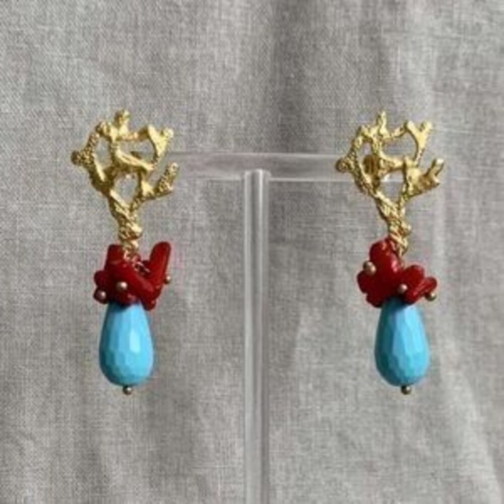 Coral Red Turquoise Bead Drop Gold Earrings